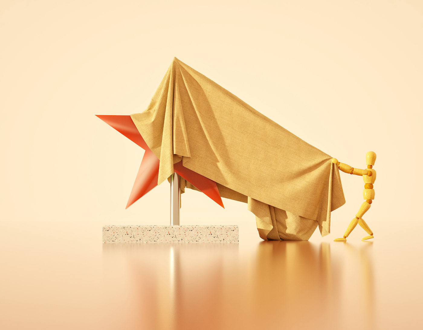 a wooden model's figure is pulling a drape off of a five-pointed star