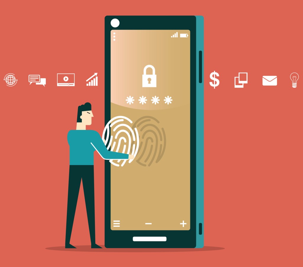 Finger Print Smart Phone Access Lock, Businessman Touch Screen Fingerprint Hands Scan Security Flat Vector Illustration