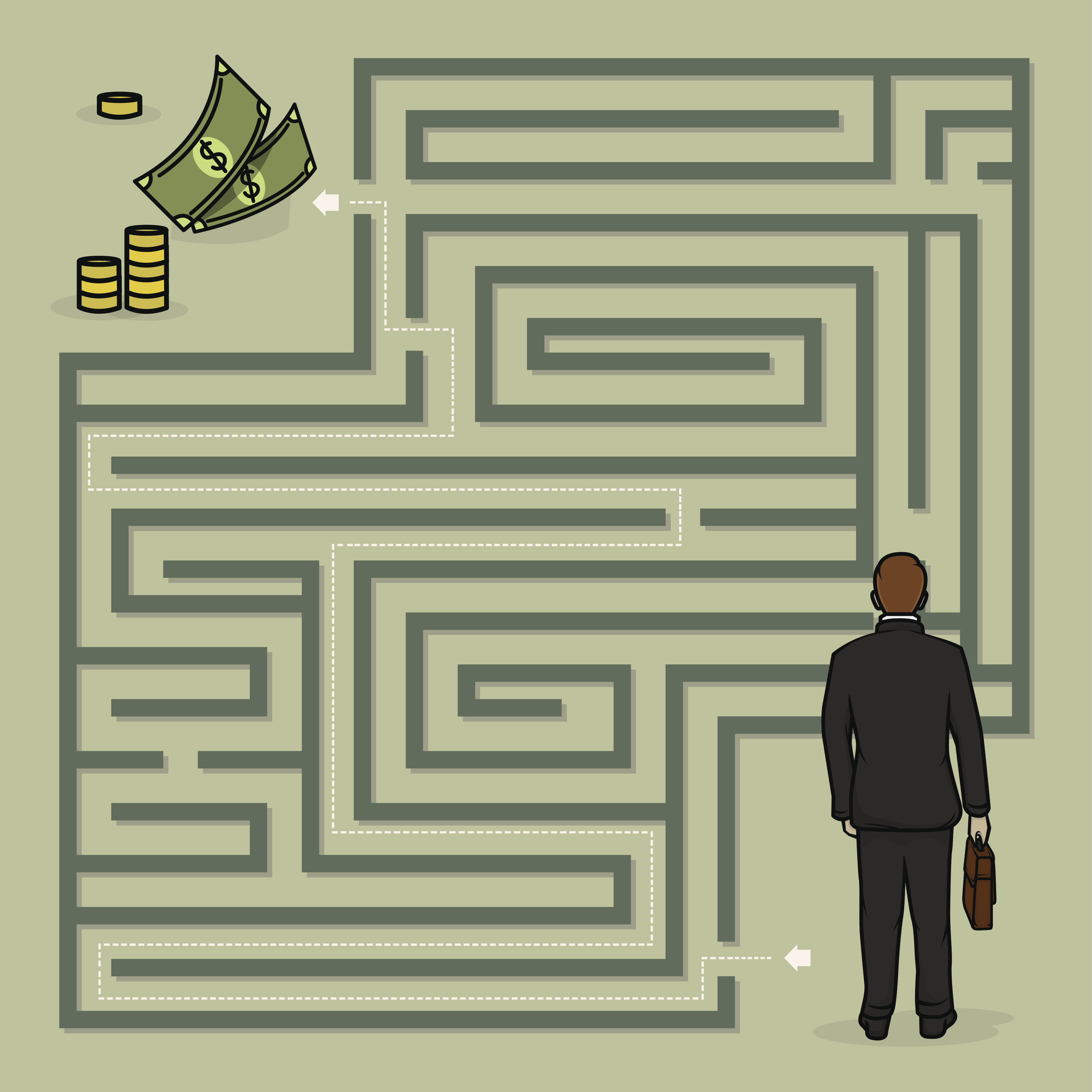 Black businessman facing a maze with money at the end to represent the challenges minority founders face in the VC ecosystem.