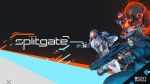 Title art for the game Splitgate showing characters and portals.