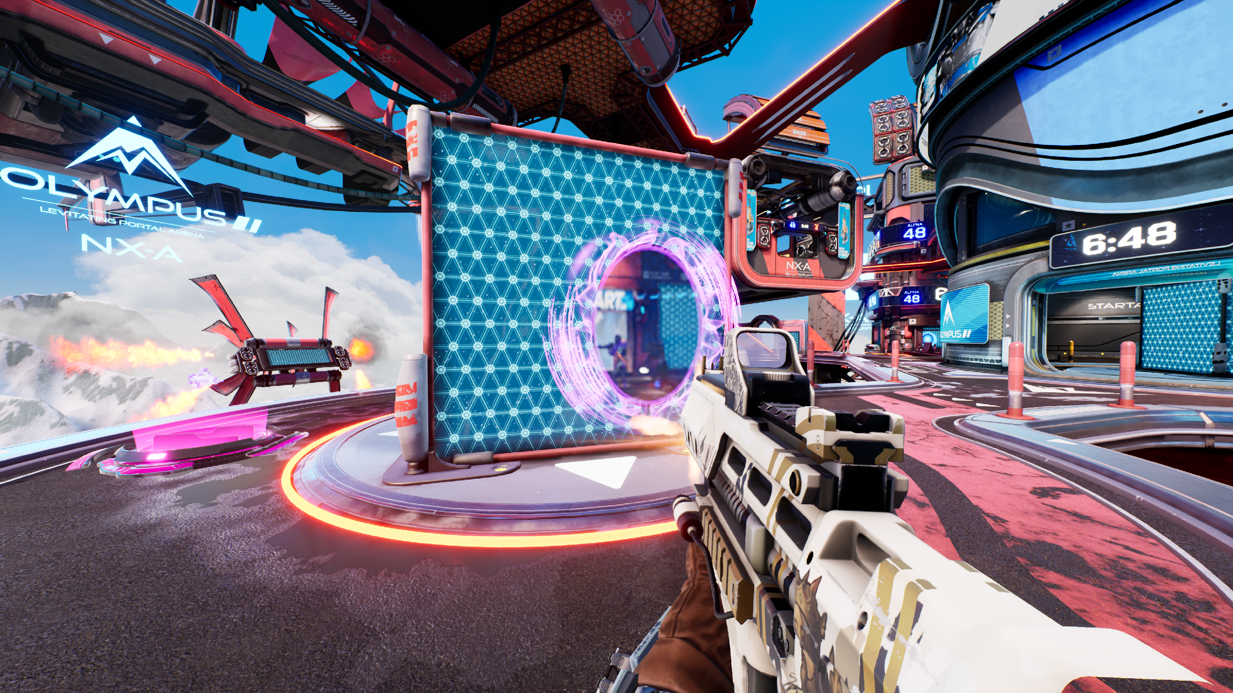 Screenshot of the Splitgate game showing a player pointing through a portal