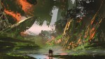 scenery of hikers trekking a river path in overgrown city, digital art style, illustration painting