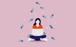 Illustration of a woman on a laptop with dollars around her to represent investing in women startup founders.