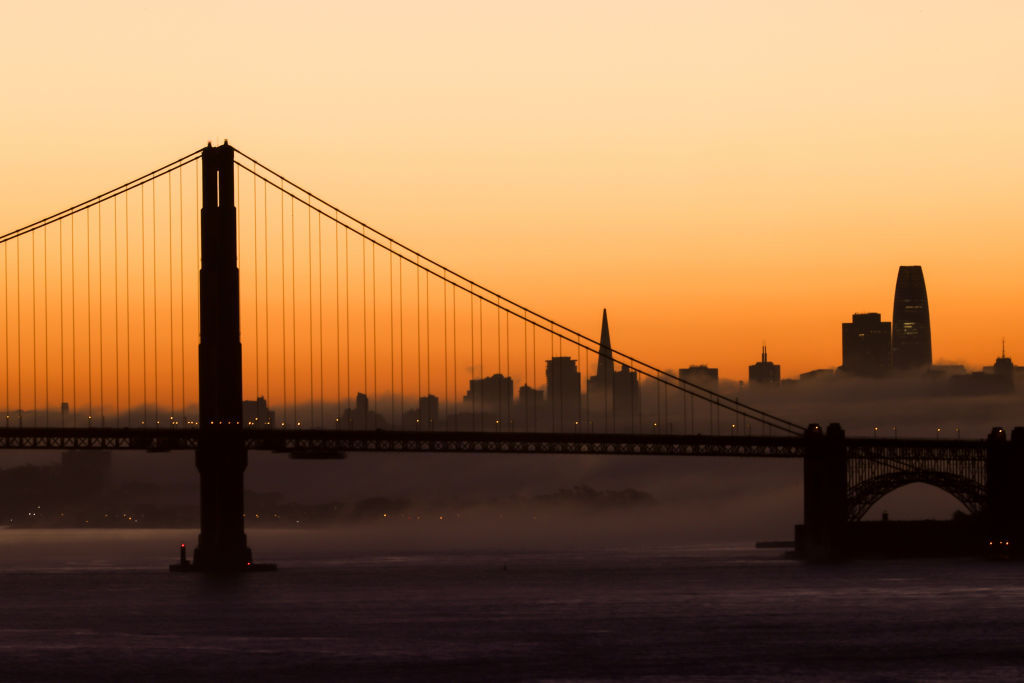 SAN FRANCISCO, CA - OCTOBER 28: Sunrise view of a foggy morning over San Francisco Golden Gate Bridge taken from the Marin Headlands in Sausalito, California, United States on October 28, 2021. (Photo by Tayfun Coskun/Anadolu Agency via Getty Images)