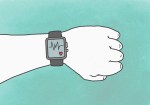 Illustration of hand wearing smart watch with pulse trace representing healthy lifestyle