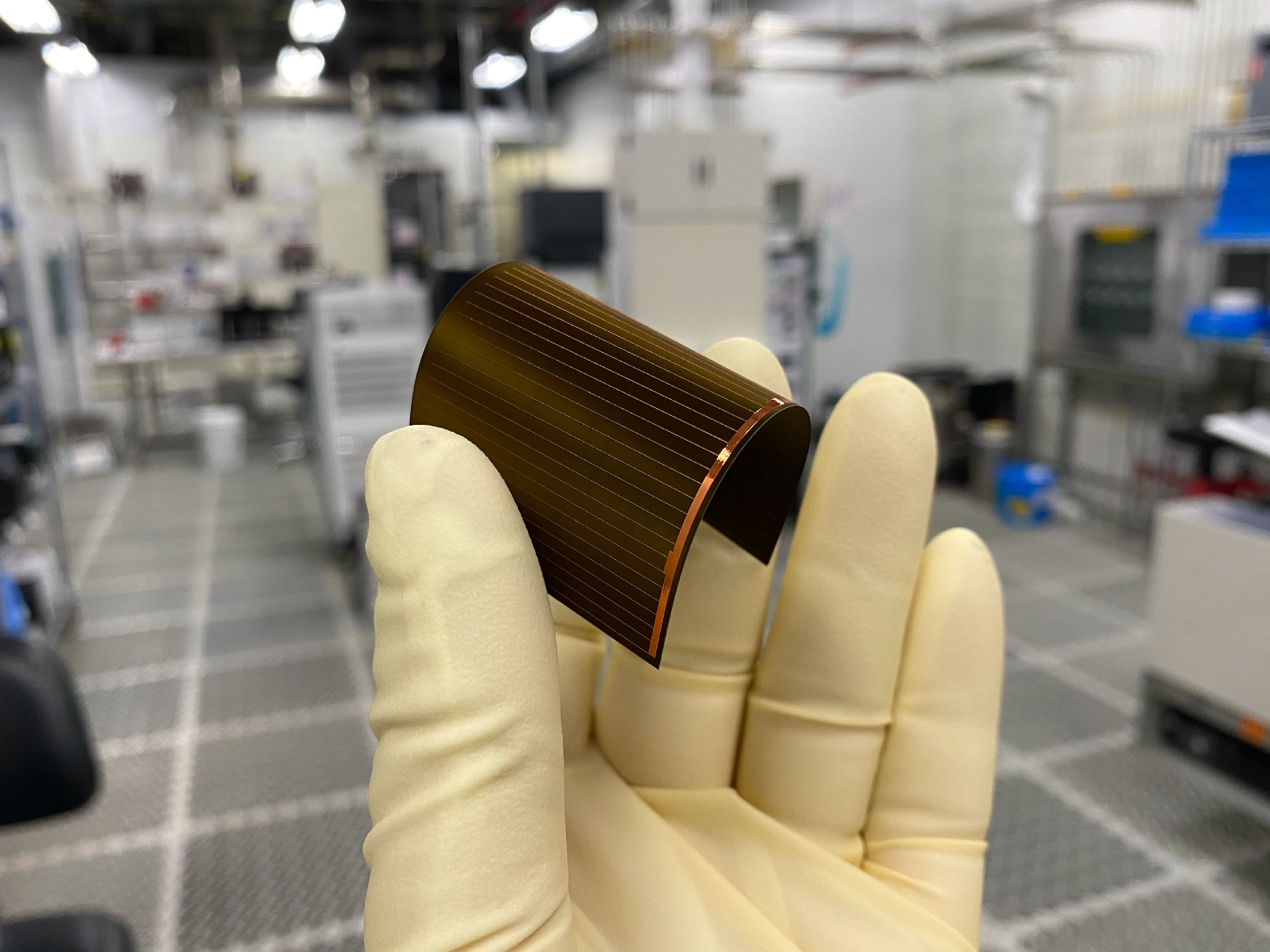 A Regher flexible silicon solar cell made with a 20-micron silicon substrate.