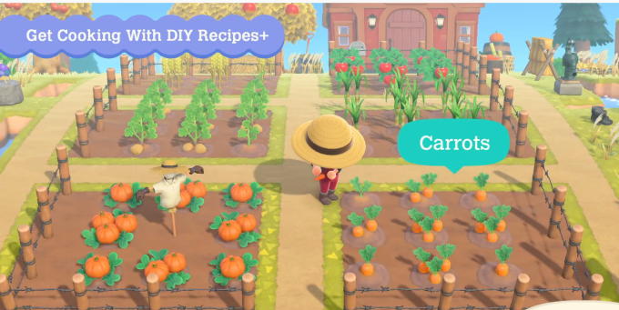 Animal Crossing character picks carrots from a veggie garden