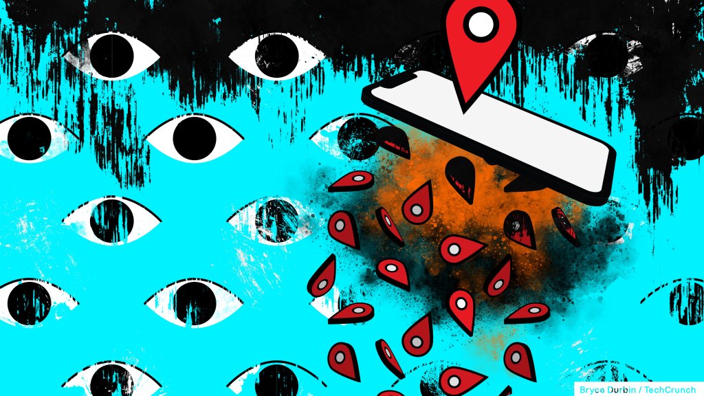 eyes on a blue background with a phone prominently displayed with location markers falling from it, suggesting a leak
