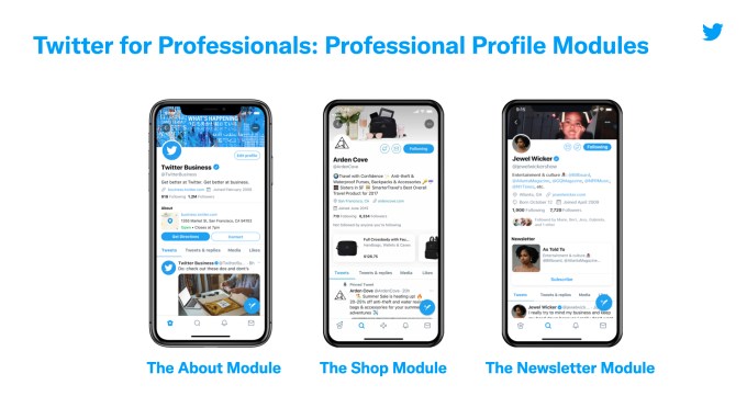 Professional Twitter accounts can add modules for shopping, their newsletter, or more info about their business.