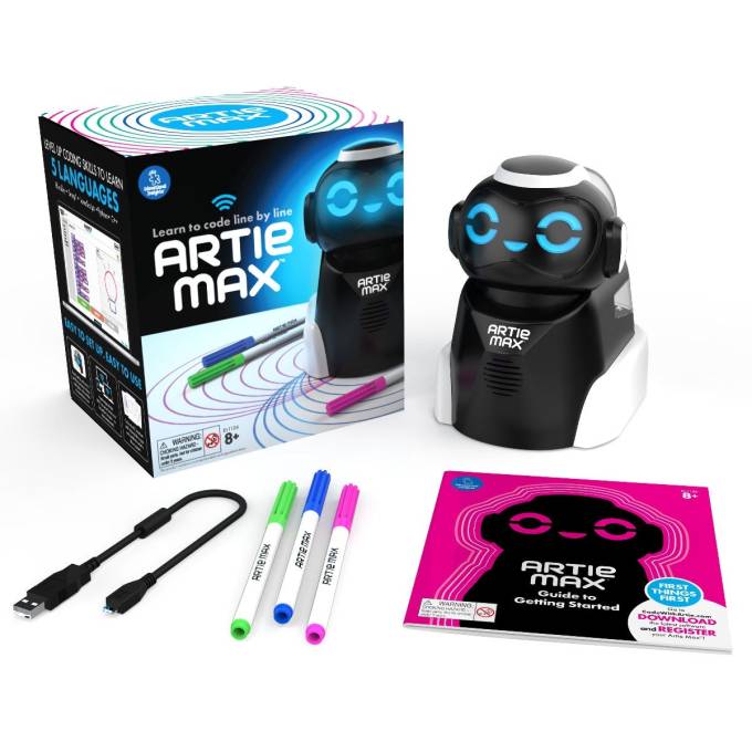Educational Insights' Artie Max coding robot shown with the box, colored marker pens and an instruction booklet