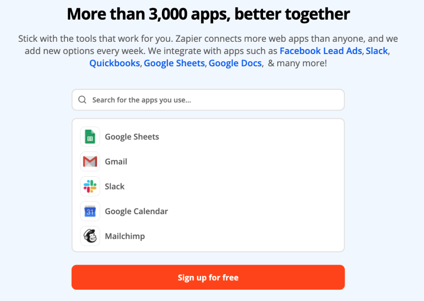 Zapier lets you search for the apps you use to showcase its compatibility