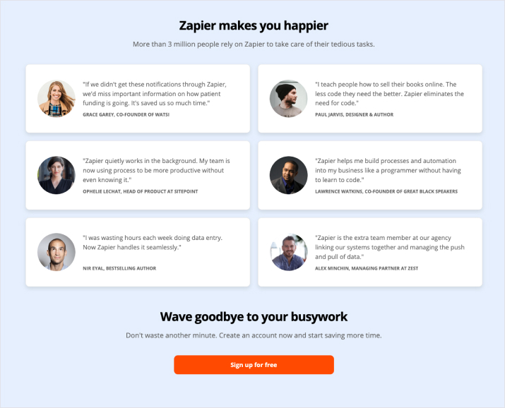 Zapier backs its final call-to-action with social proof