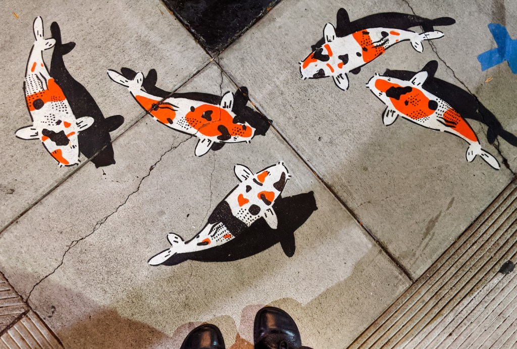 A photo of several koi fish stenciled at someone's feet on a San Francisco sidewalk.