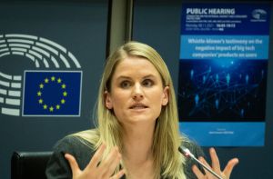 US Facebook whistleblower Frances Haugen pictured during a hearing of the Internal Market and Consumer Protection Committee of the European Parliament in Brussels