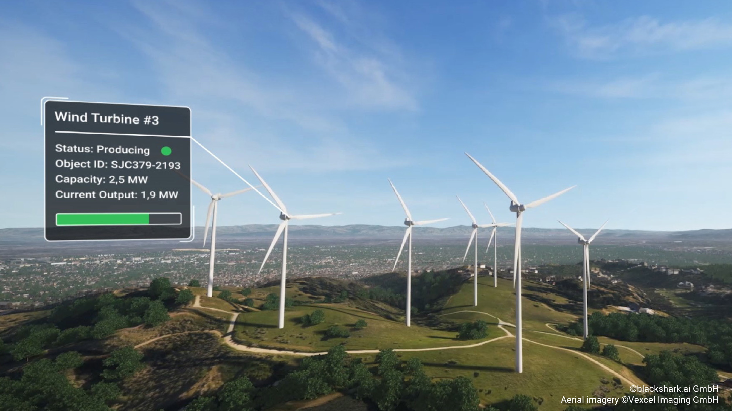 A digital recreation of a hillside with simulated windmills and data on their operations.