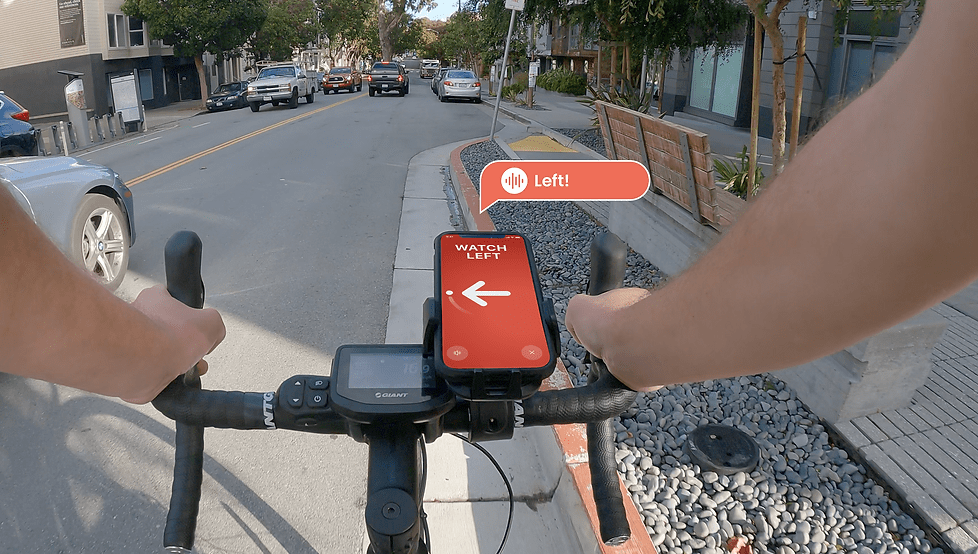 POV of Streetlogic computer vision product that warns e-bike riders of potential car collisions