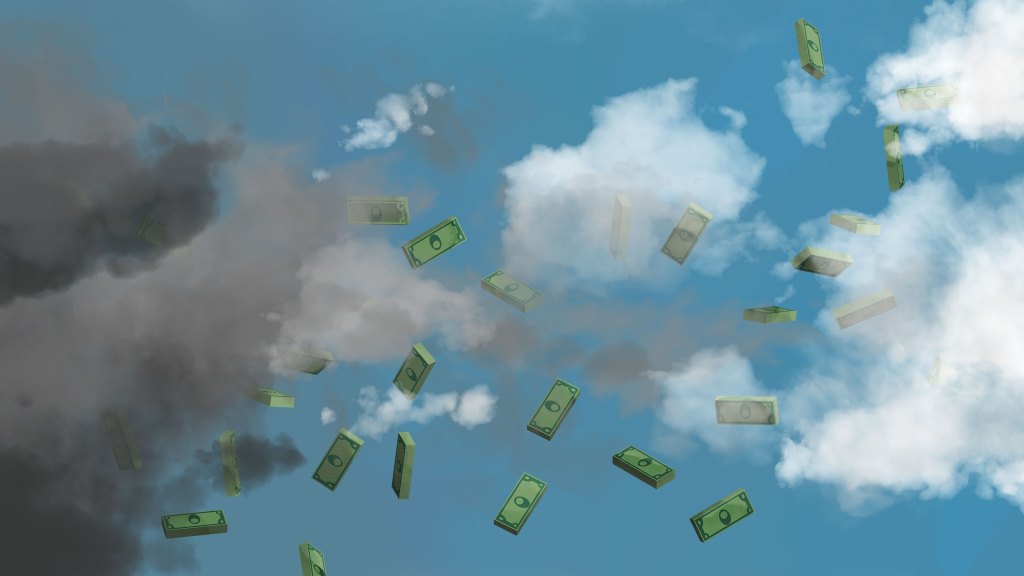 bundles of money falling thru clouds
