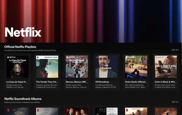 Spotify debuts a ‘Netflix Hub’ featuring music and podcasts tied to Netflix show..