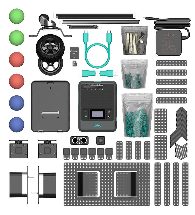 Todas las piezas del kit de robótica de pi-top