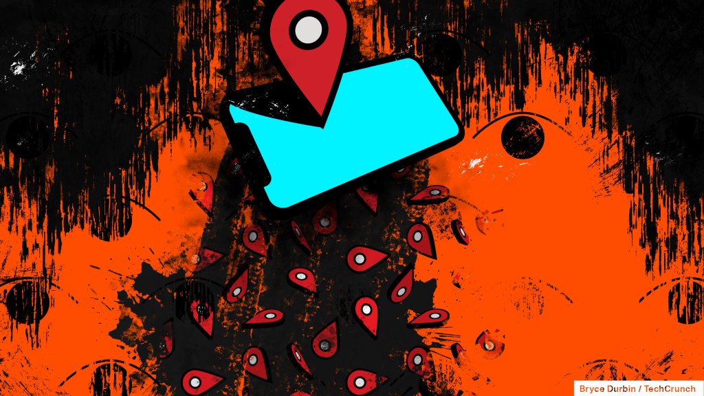 Ilustración de una serie de etiquetas de datos de ubicación que caen de un teléfono, iluminadas por una pantalla azul, sobre un fondo rojo oscuro