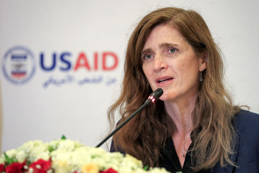 Samantha Power, Administrator of the United States Agency for International Development (USAID), speaks at a hotel in Sudan's capital Khartoum on August 3, 2021. (Photo by ASHRAF SHAZLY / AFP) (Photo by ASHRAF SHAZLY/AFP via Getty Images)