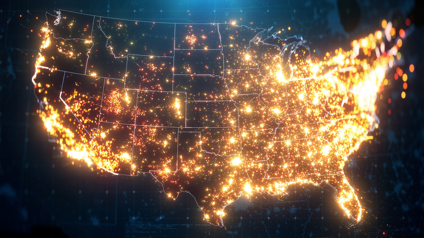 Citylight illuminations and night map of the United States. 3D rendering