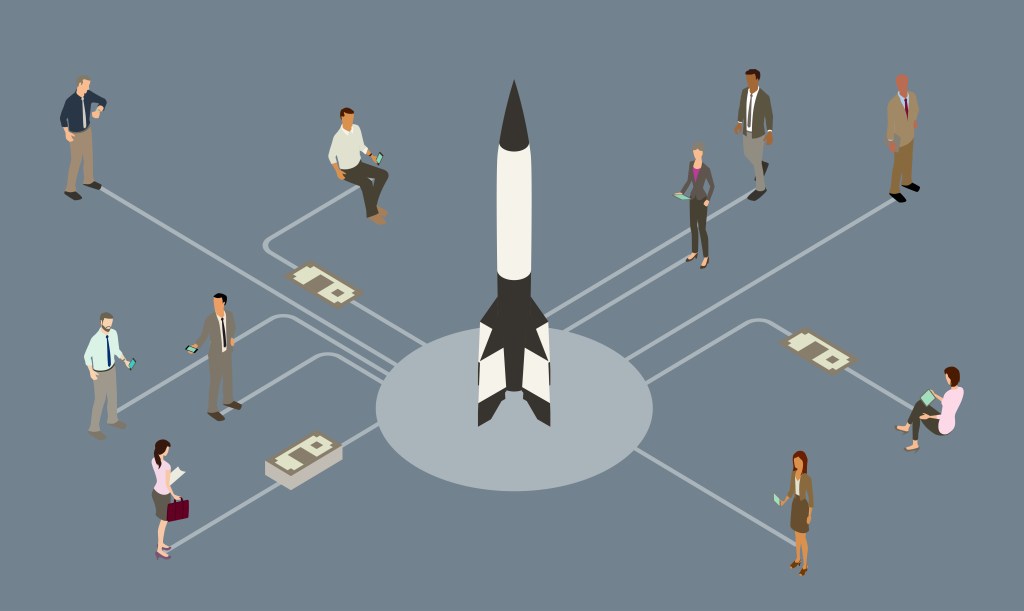 Illustration of 10 business people gathered around a rocket on a launchpad to symbolize an accelerator program.