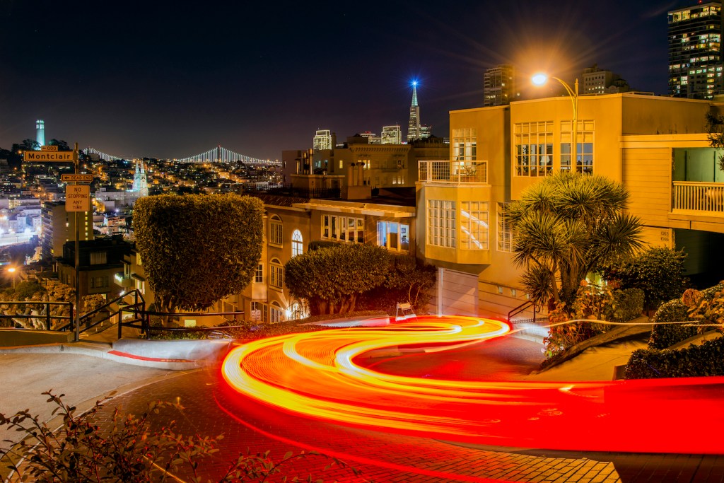 Car light trails in at night in Lombard Street, San Francisco, California, USA