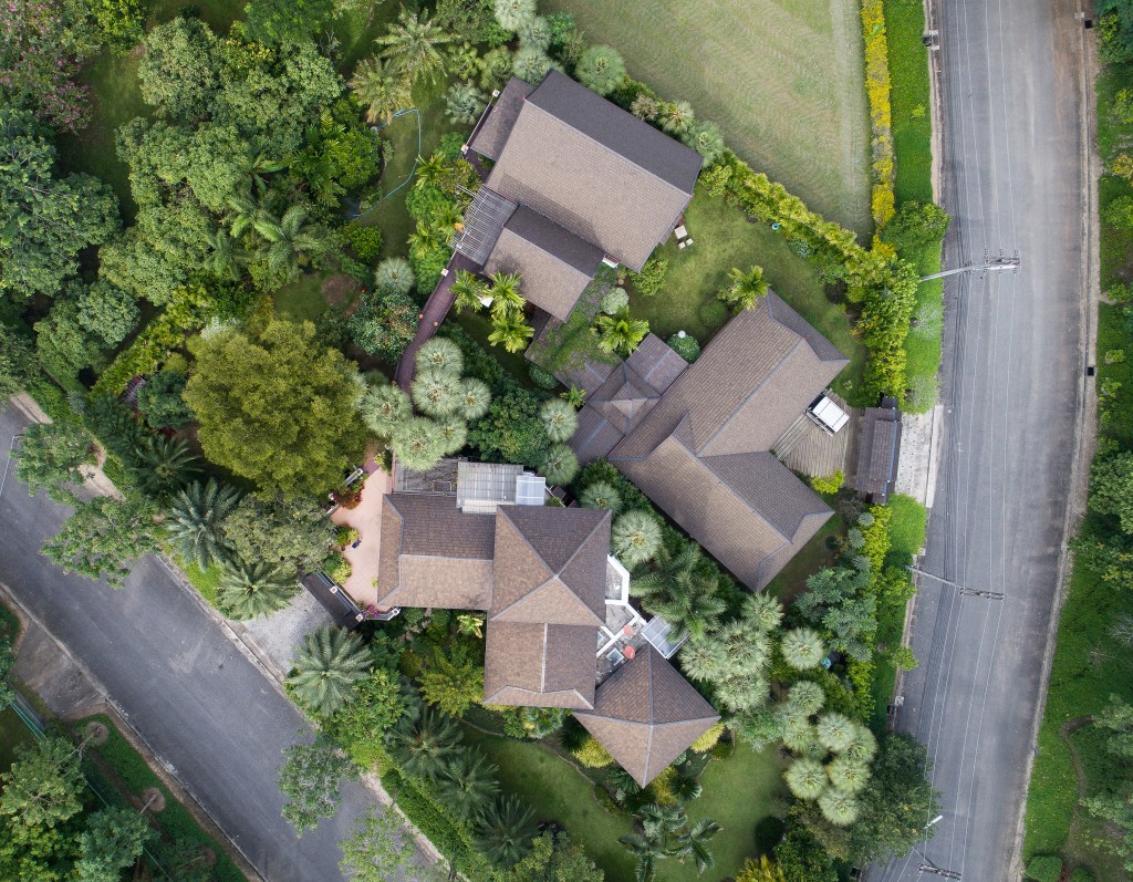 Drone view of rooftops