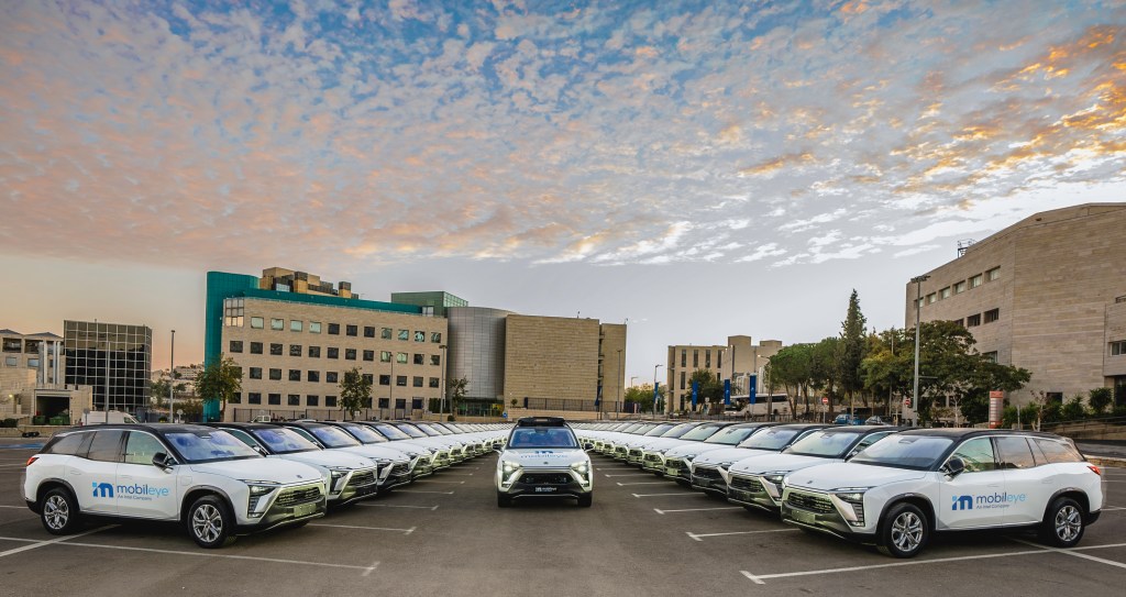 intel's mobileye, parking lot full of self driving cars