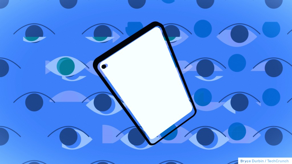 spyware illustrated; blank smartphone screen over background of multiple eyes