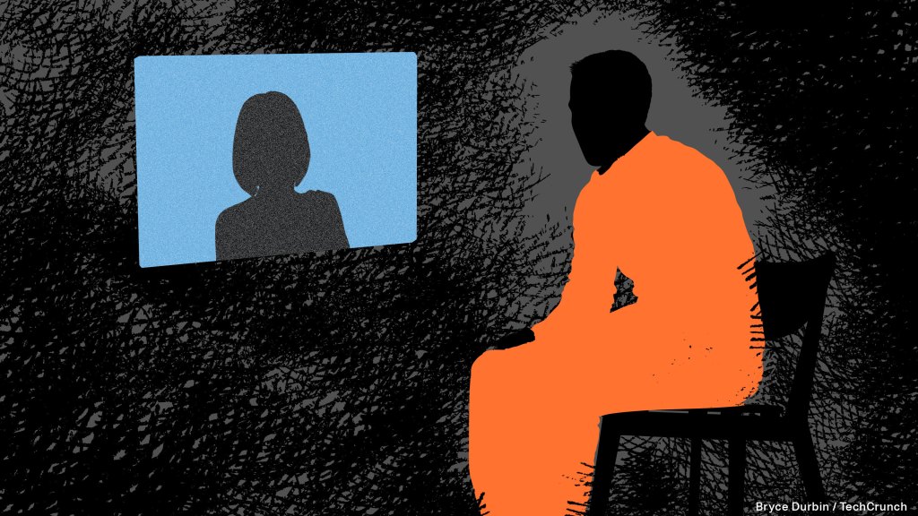 Illustration of an inmate in an orange jumpsuit speaking to a screen with another person on it. Illustration by Bryce Durbin for TechCrunch.