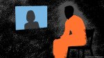 Illustration of an inmate in an orange jumpsuit speaking to a screen with another person on it. Illustration by Bryce Durbin for TechCrunch.