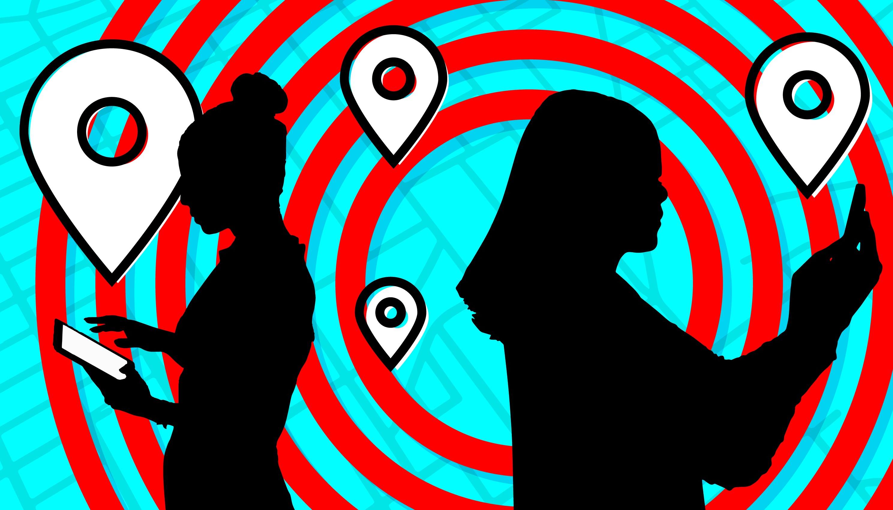 dos figuras usando teléfonos en medio de pines de ubicación en un mapa