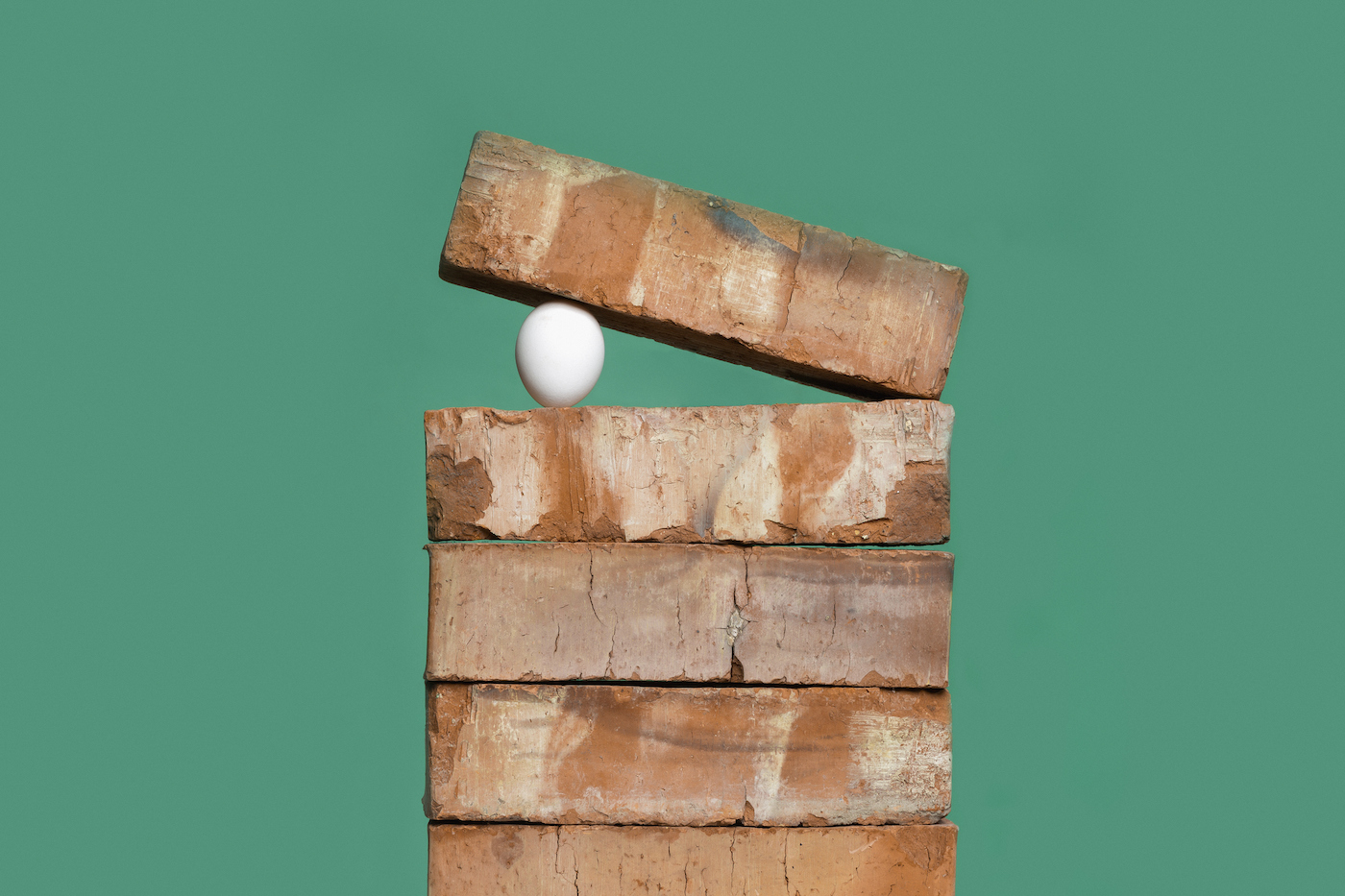 Egg between bricks on green background