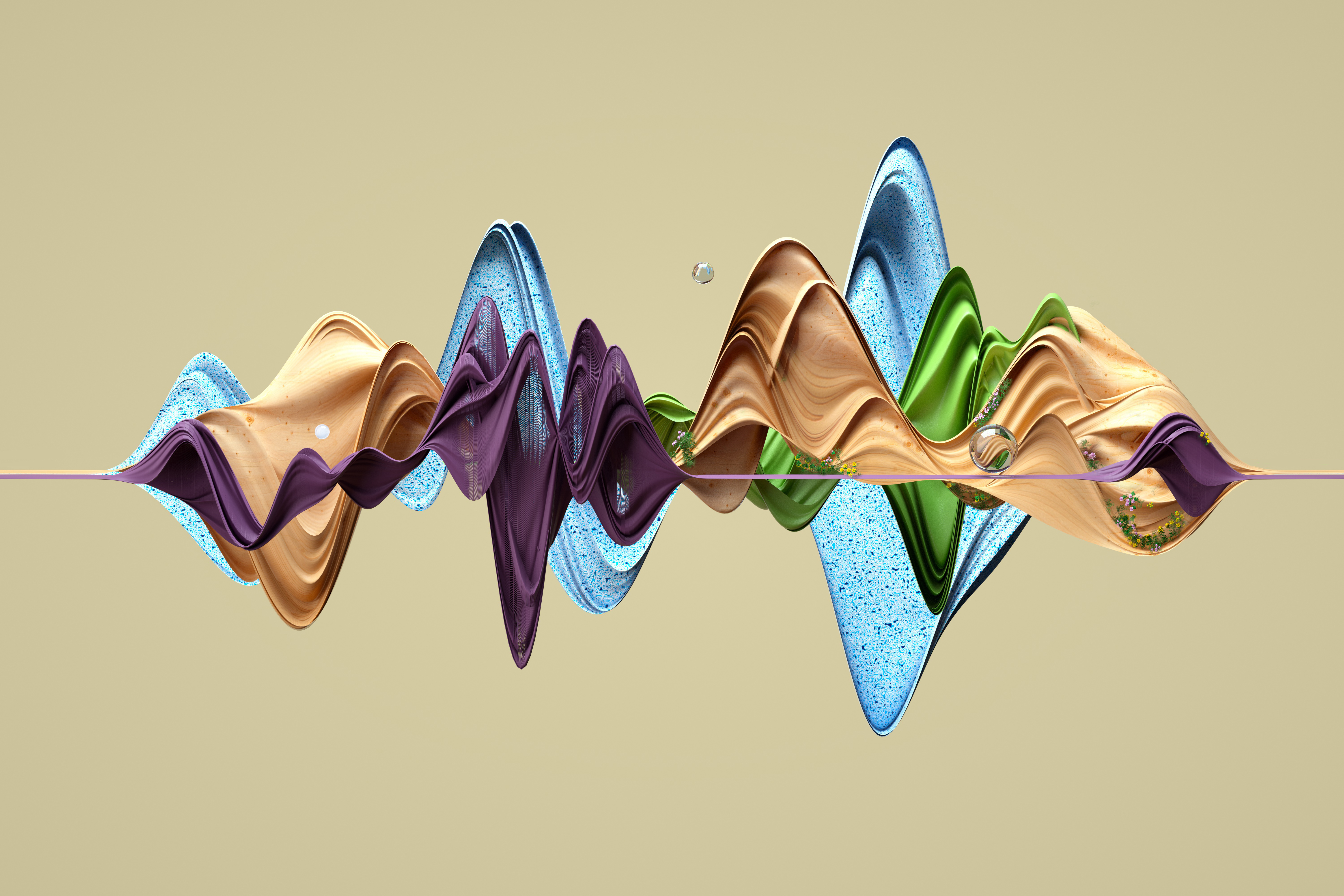 Imatge generada digitalment d'un gràfic abstracte de corbes multicolors sobre fons gris per representar les ones sonores.