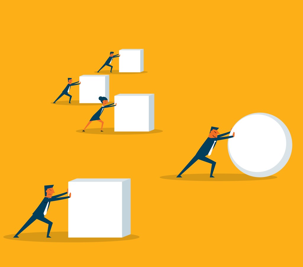 Illustration of a businessperson pushing a sphere leading the race against a group of slower businesspeople pushing boxes.