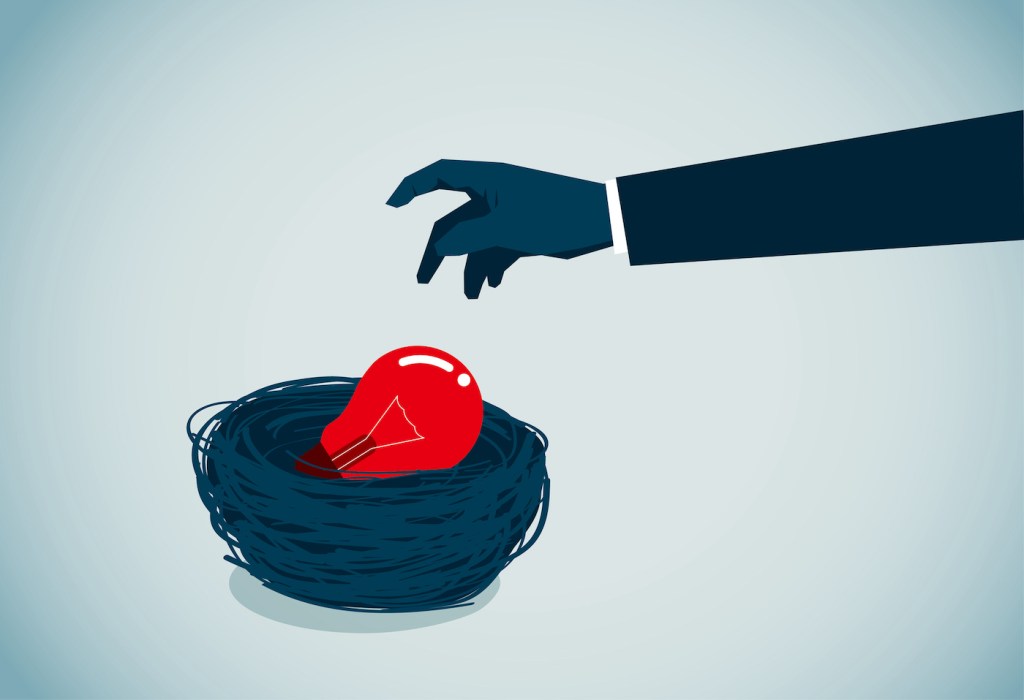 An illustration of a hand reaching for a red lightbulb that is in a basket