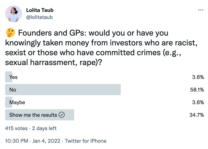 Lolita Taub on Twitter: "Founders and GPs: would you or have you knowingly taken money from investors who are racist, sexist or those who have committed crimes (e.g., sexual harassment, rape)?"