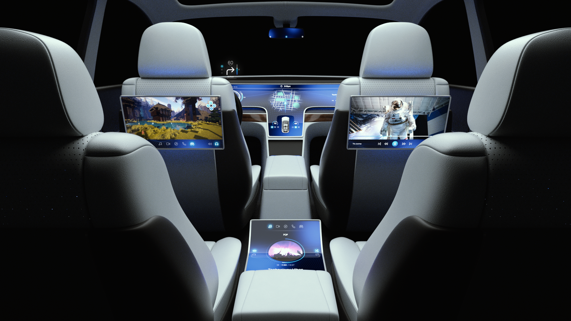 El renderizado del chasis digital Snapdragon de Qualcomm muestra un sistema de infoentretenimiento conectado avanzado en el vehículo