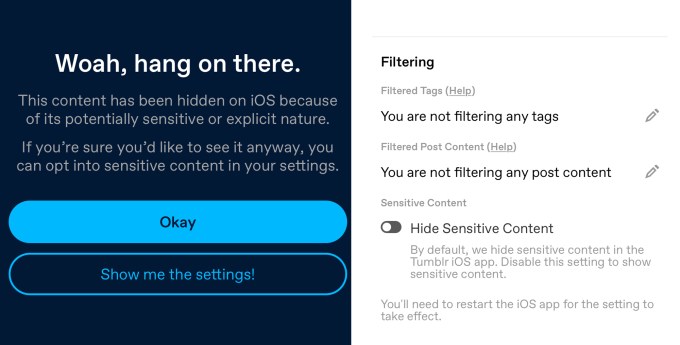 Tumblr populates a warning message when searching sensitive content on ios