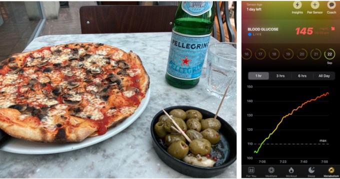 Image of a Pizza Express meal alongside post-meal blood sugar displayed in the Ultrahuman Cyborg app