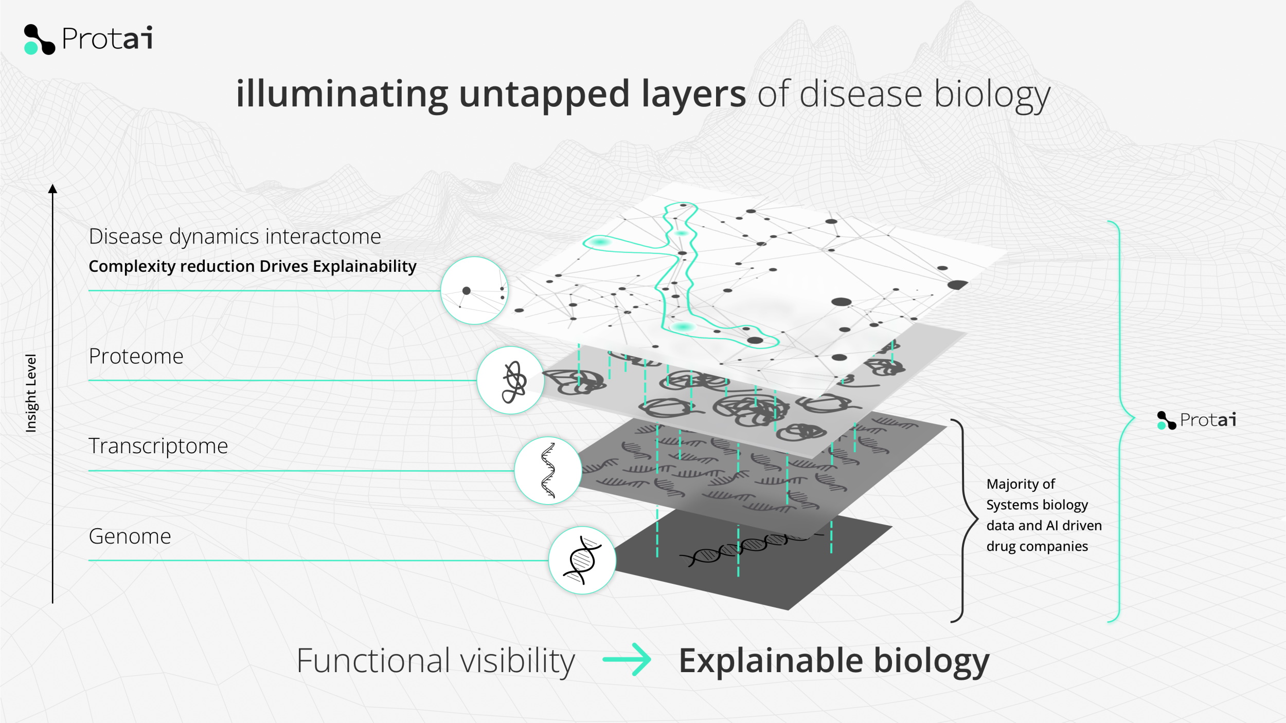 Illustration of layers of information in biotech, from genetic to molecular.
