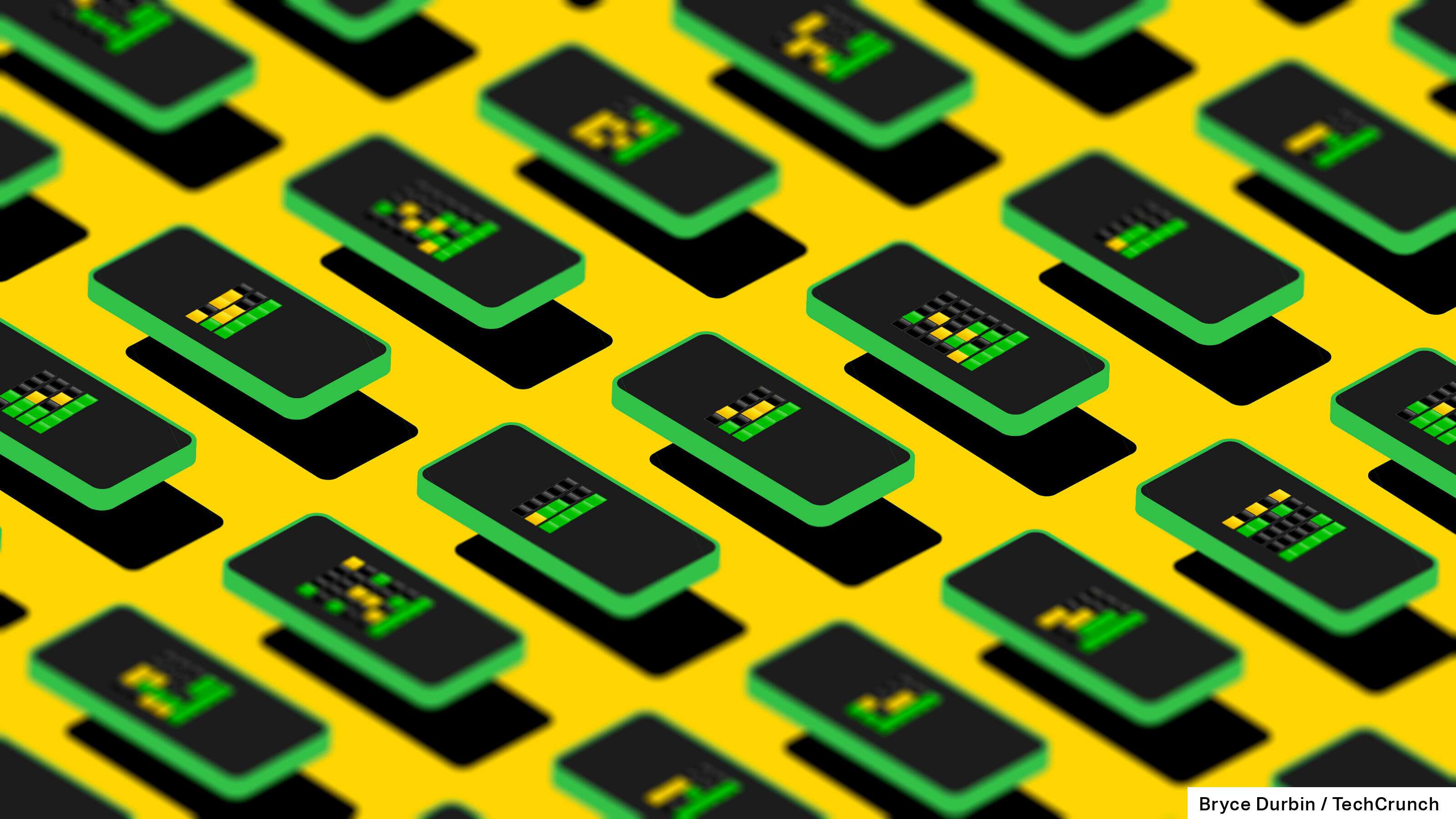 शब्द का खेल;  हरे और पीले वर्गों के साथ सचित्र फोन का एक ग्रिड