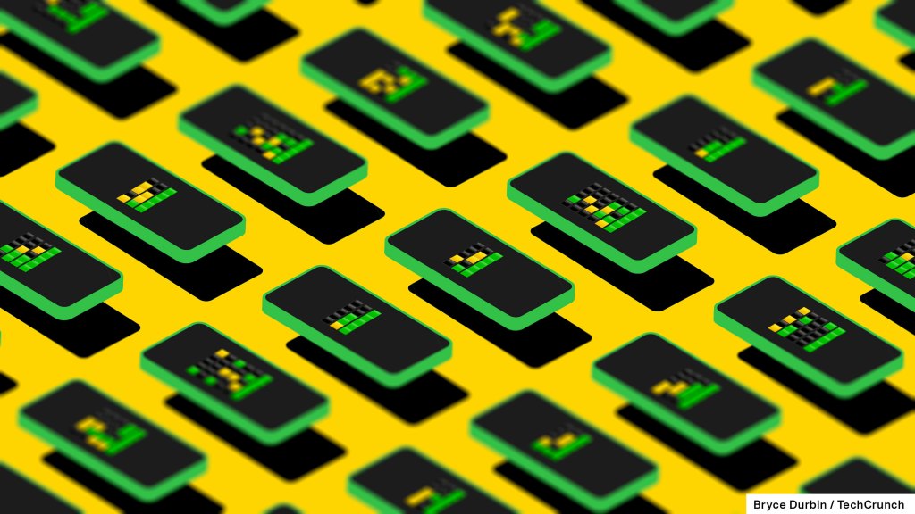 wordle game; a grid of illustrated phones with green and yellow squares on them