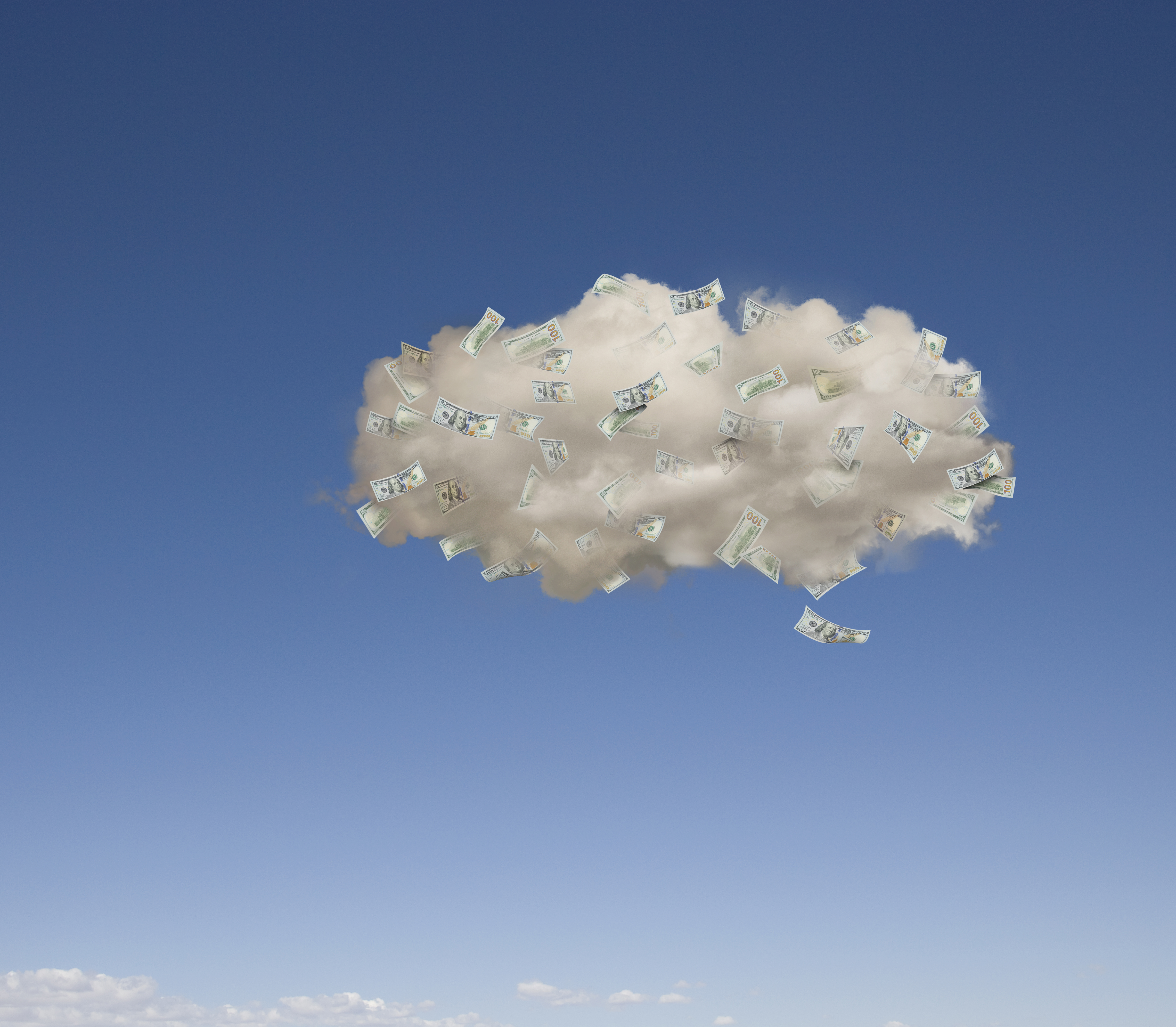 Imagen de dinero flotando en una nube contra un cielo azul.