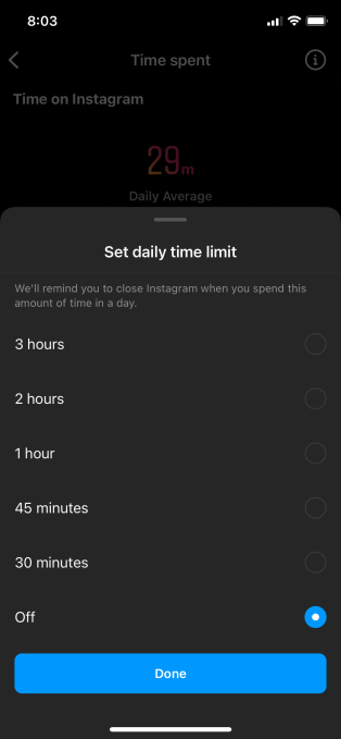 Instagram daily time limit setting