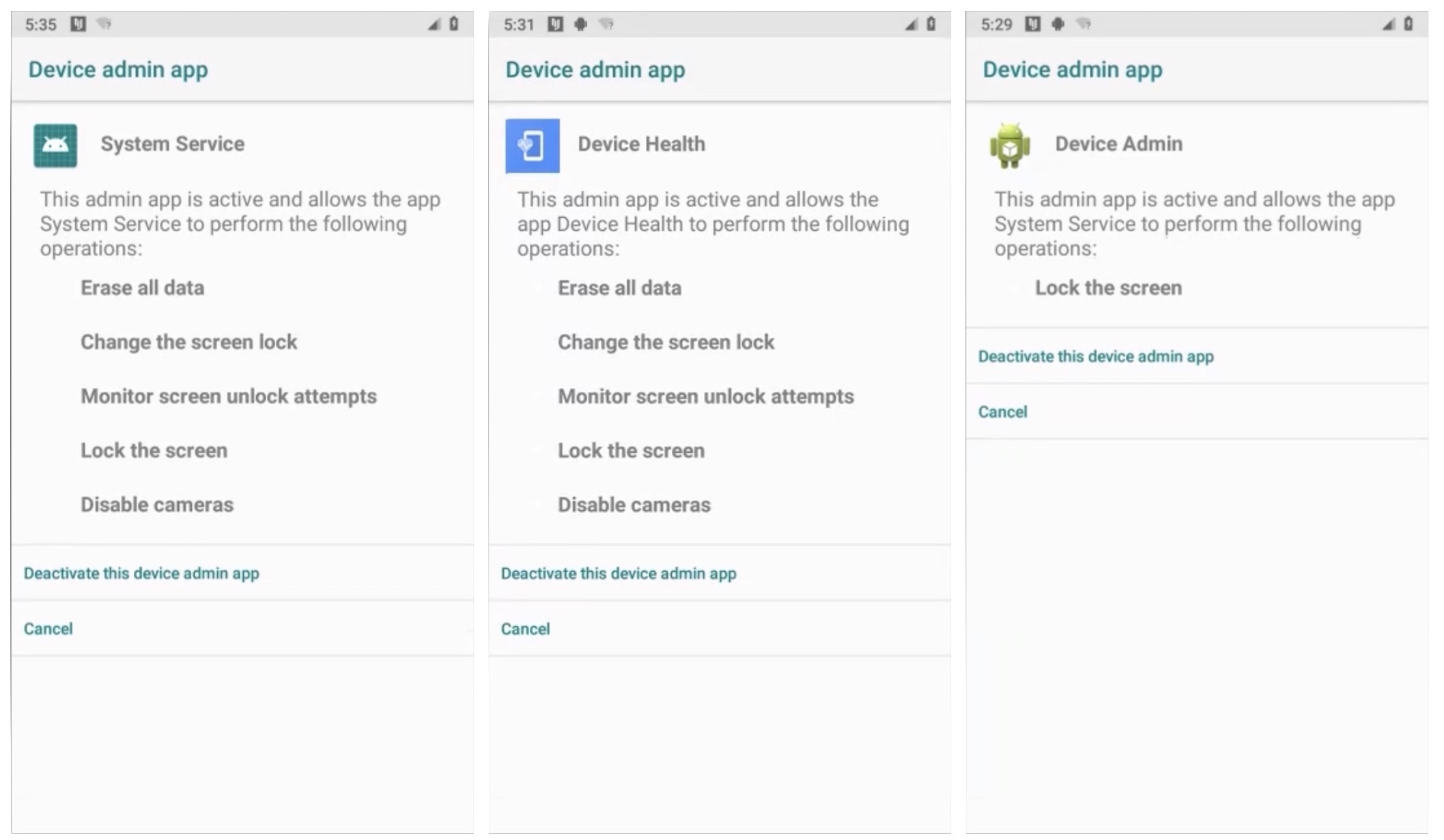 Screenshots showing the Android's device admin app panel.