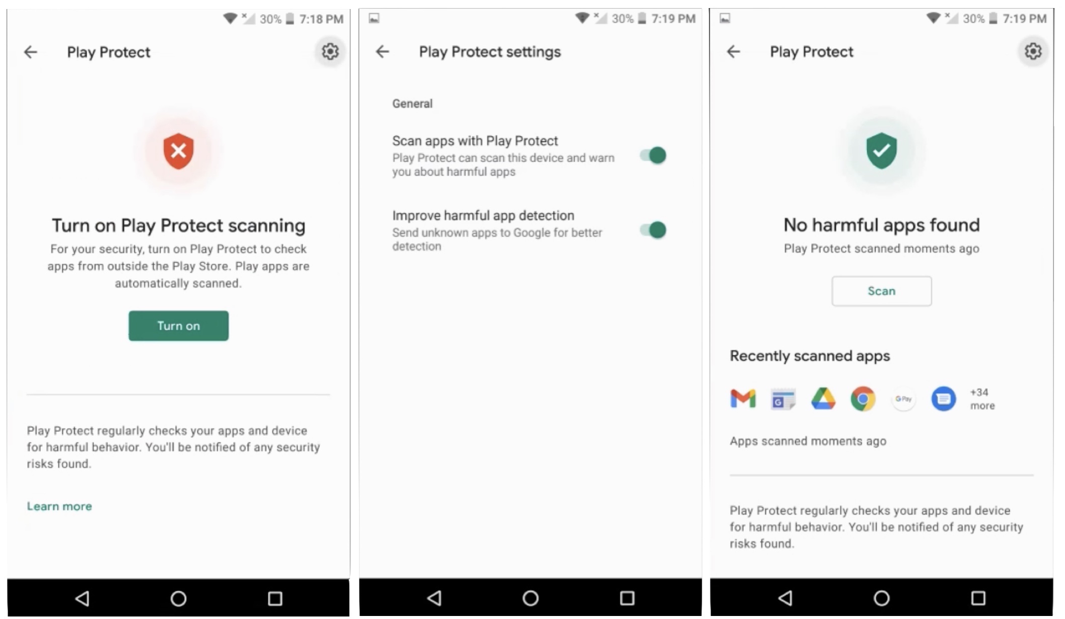 Captures d'écran montrant Google Play Protect, qui devrait être activé.