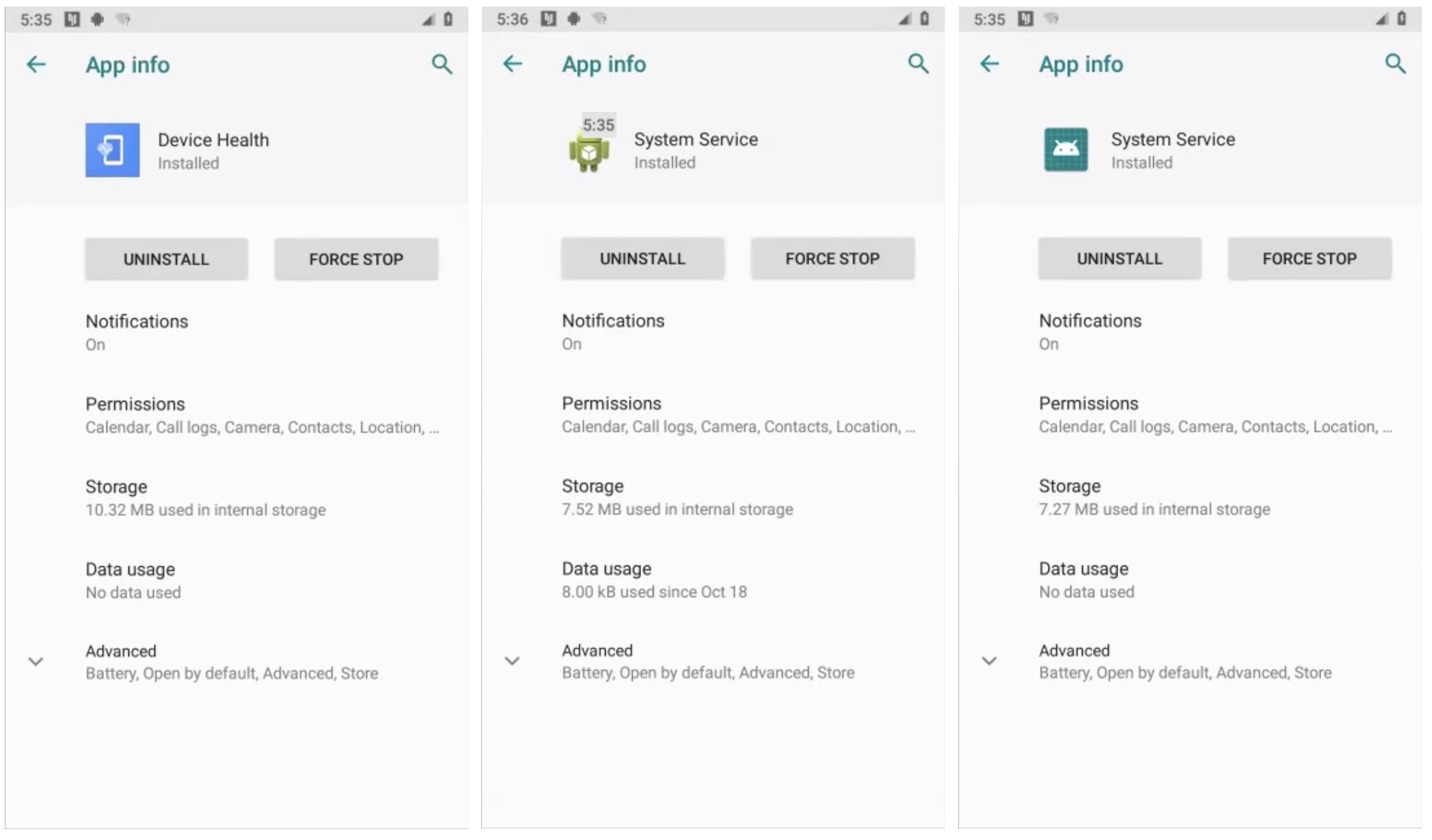 Three screenshots of spyware apps, named "Device Health" and "System Service."